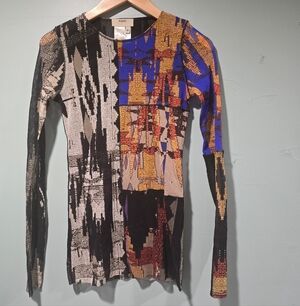 Fuzzi  Y2k Ikat Geo-rint Patchwork Long Sleeve Top Size M ARTSY JPG